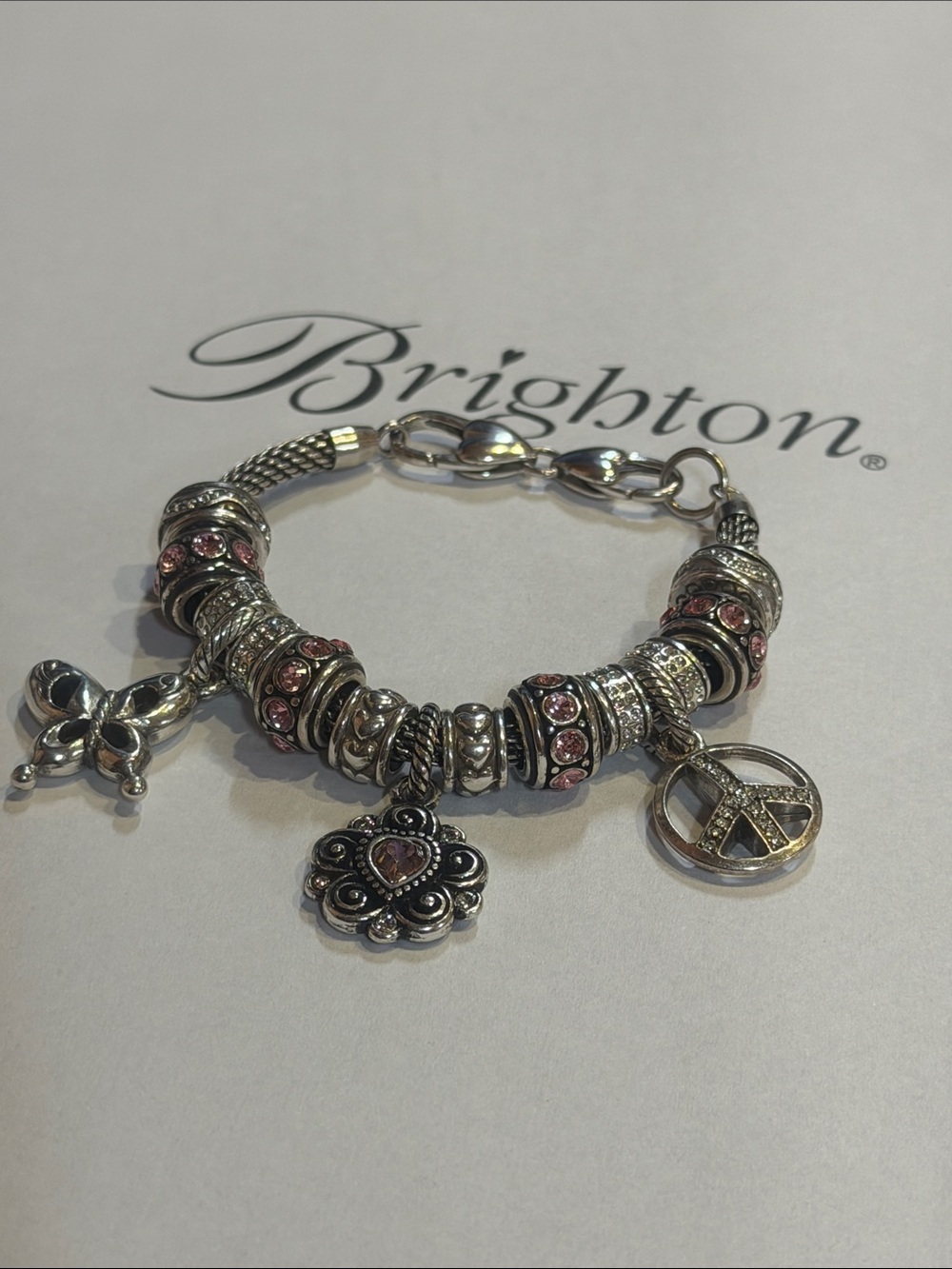 💕Brighton Silver Charm Bracelet with Pink Swarovski Crystal accents!